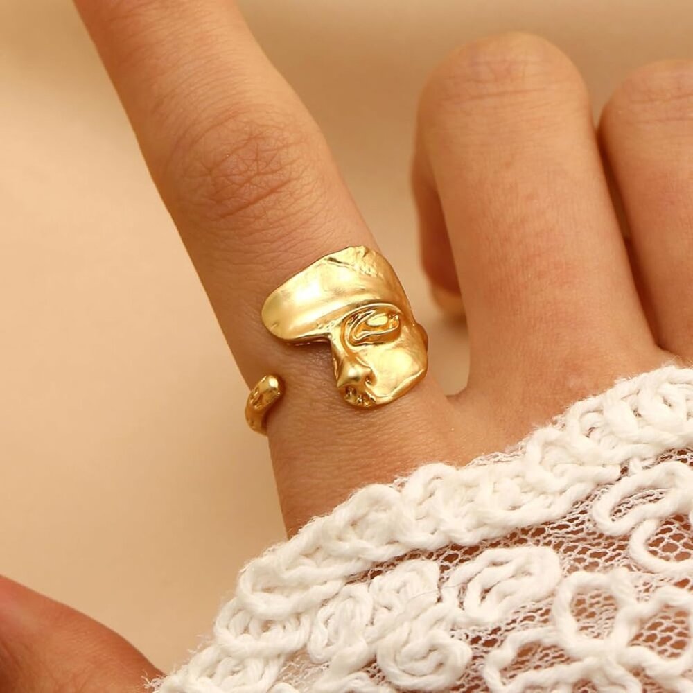 Abstract Gold Face Ring Modern Art Statement Adjustable